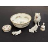 A Coalport bowl, lidded trinket pot, bell and porcelain dogs a/f (6)