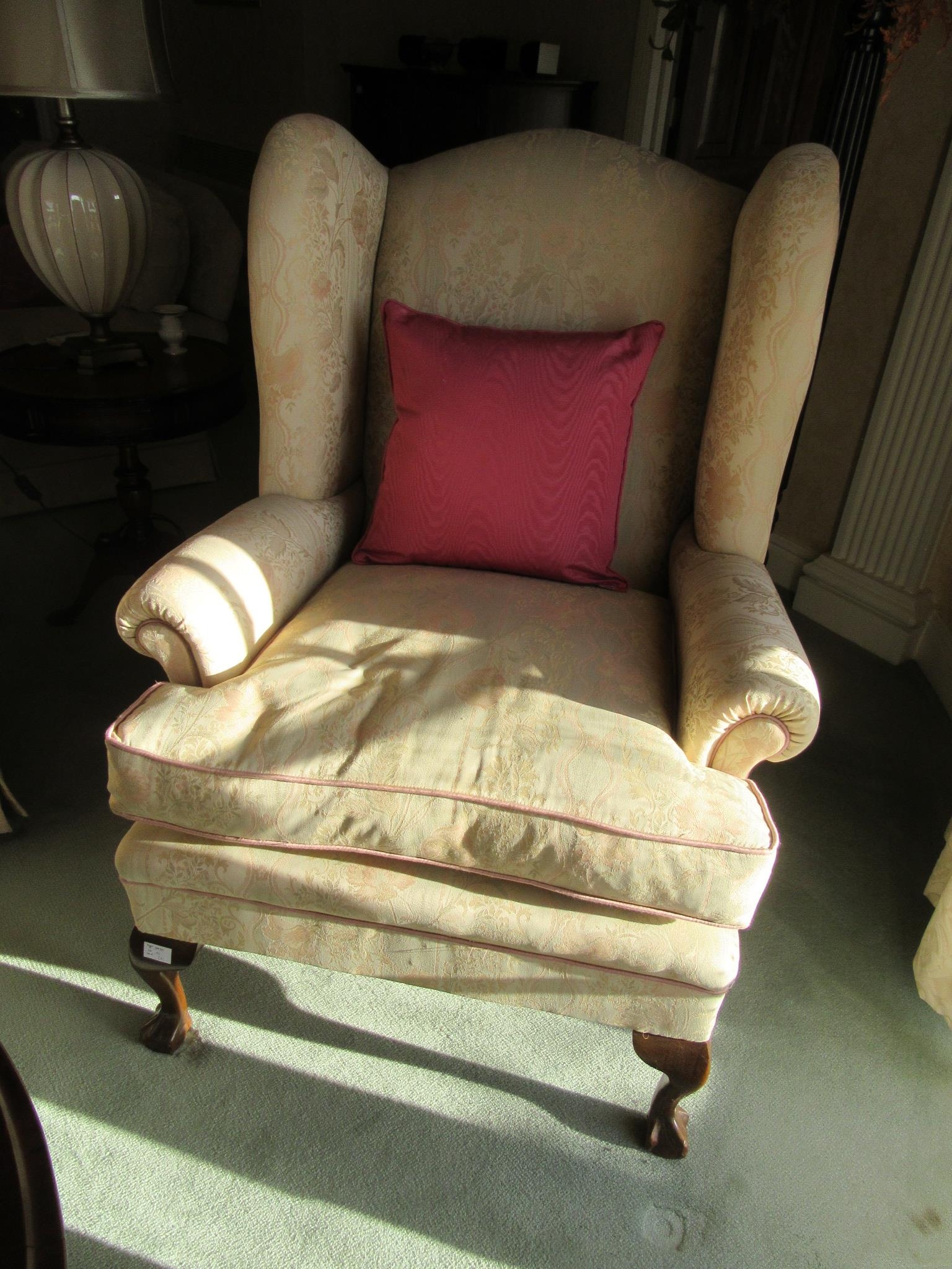 A pair of Georgian style wingback armchairs with feather filled seat cushions, silk upholstery, ball - Image 2 of 2