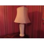 A large Oriental taste cream pottery lamp base with shade, 91cm tall, Collectors Electrical Item,