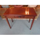 A Georgian mahogany fold top tea table with single drawer, square tapering legs, 75cm x 44cm x 91cm