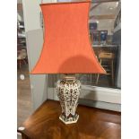 An Imari ceramic table lamp with pink shade, 72cm tall, Collectors Electrical Item, see