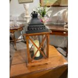 A modern glass and wood table lantern, 54cm tall