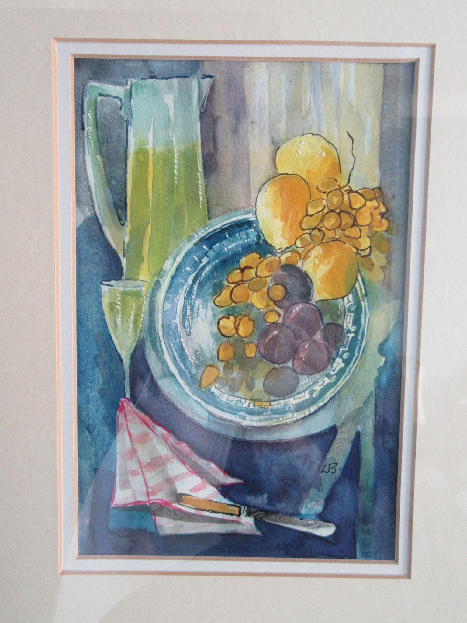 Monogrammed LB a modernist Still Life of jug, glass, fruit, watercolour, 22cm x 15cm