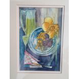 Monogrammed LB a modernist Still Life of jug, glass, fruit, watercolour, 22cm x 15cm