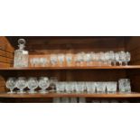 Quantity/suite of crystal glasses, wine, brandy, spirits and square form decanter