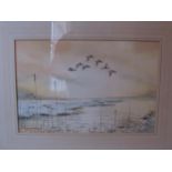 JONATHAN YUNG: Ducks flying over marshes at winter, watercolour, 22cm x 33cm