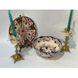 A Mason's "Mandalay" footed fruit bowl, 26cm diameter, Masons plate with stand and candlesticks (5)
