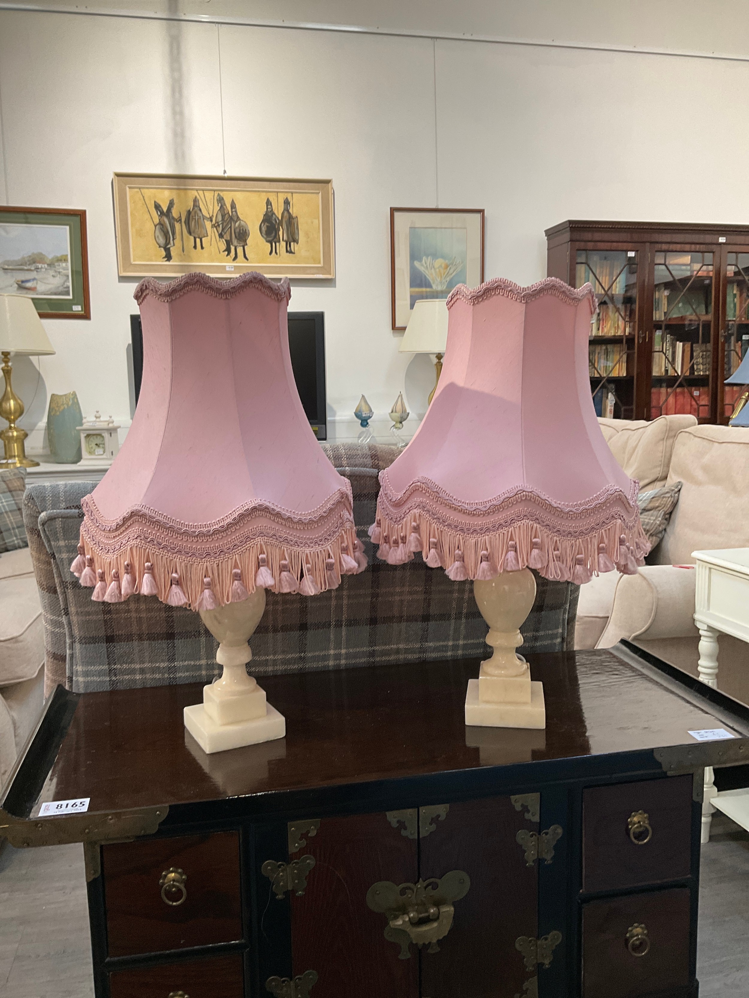 A pair of bedside lamps with pink shades 45cm tall, Collectors Electrical Item, see Information
