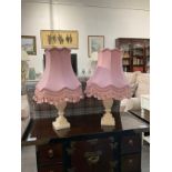 A pair of bedside lamps with pink shades 45cm tall, Collectors Electrical Item, see Information