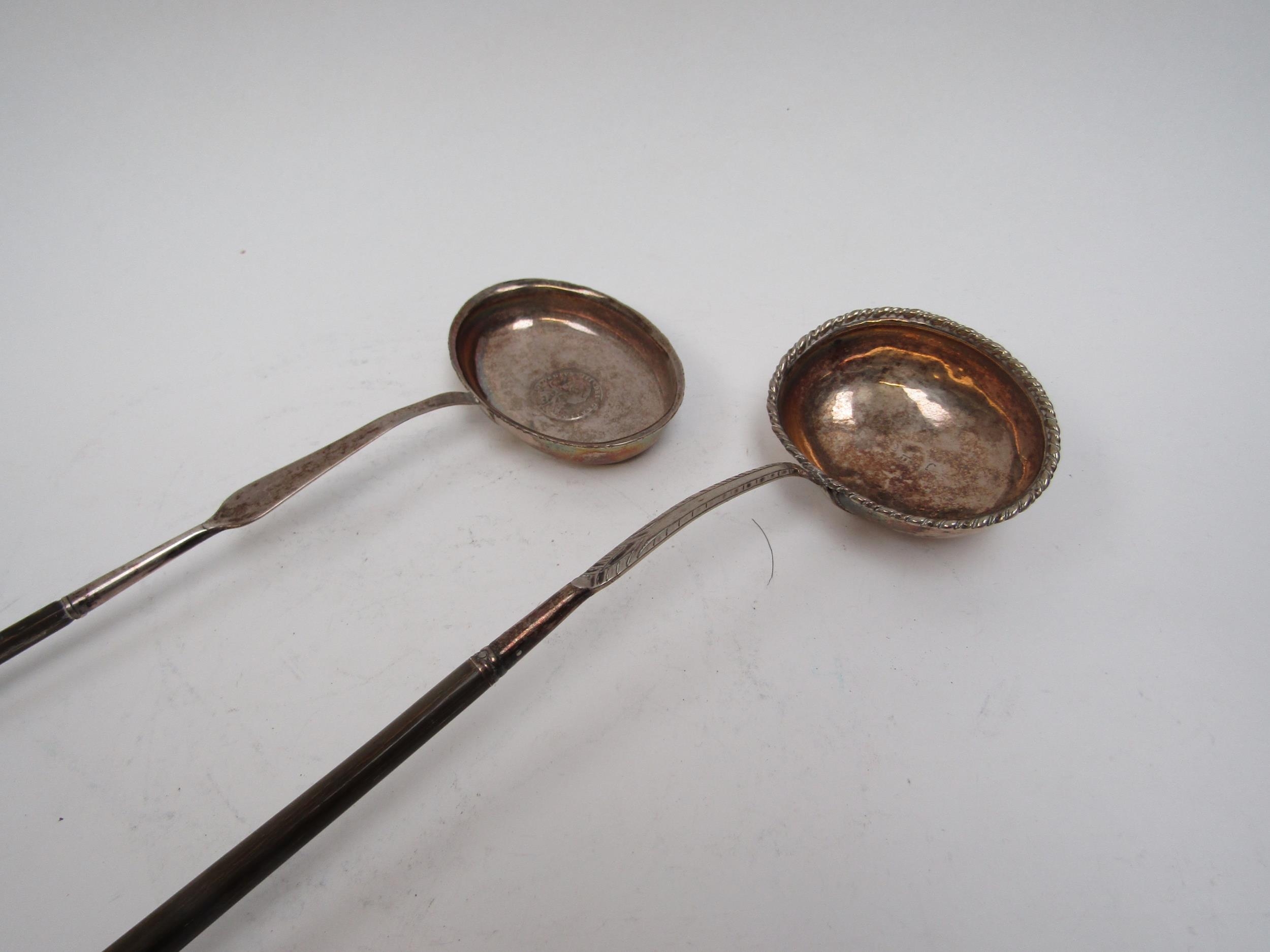 Two Georgian silver toddy ladles with twisted whale bone handles, 36cm and 37cm long - Image 2 of 3