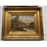 W.GRAY- A 19th Century oil on canvas rural scene with cattle in river, gilt framed, 24cm x 34cm