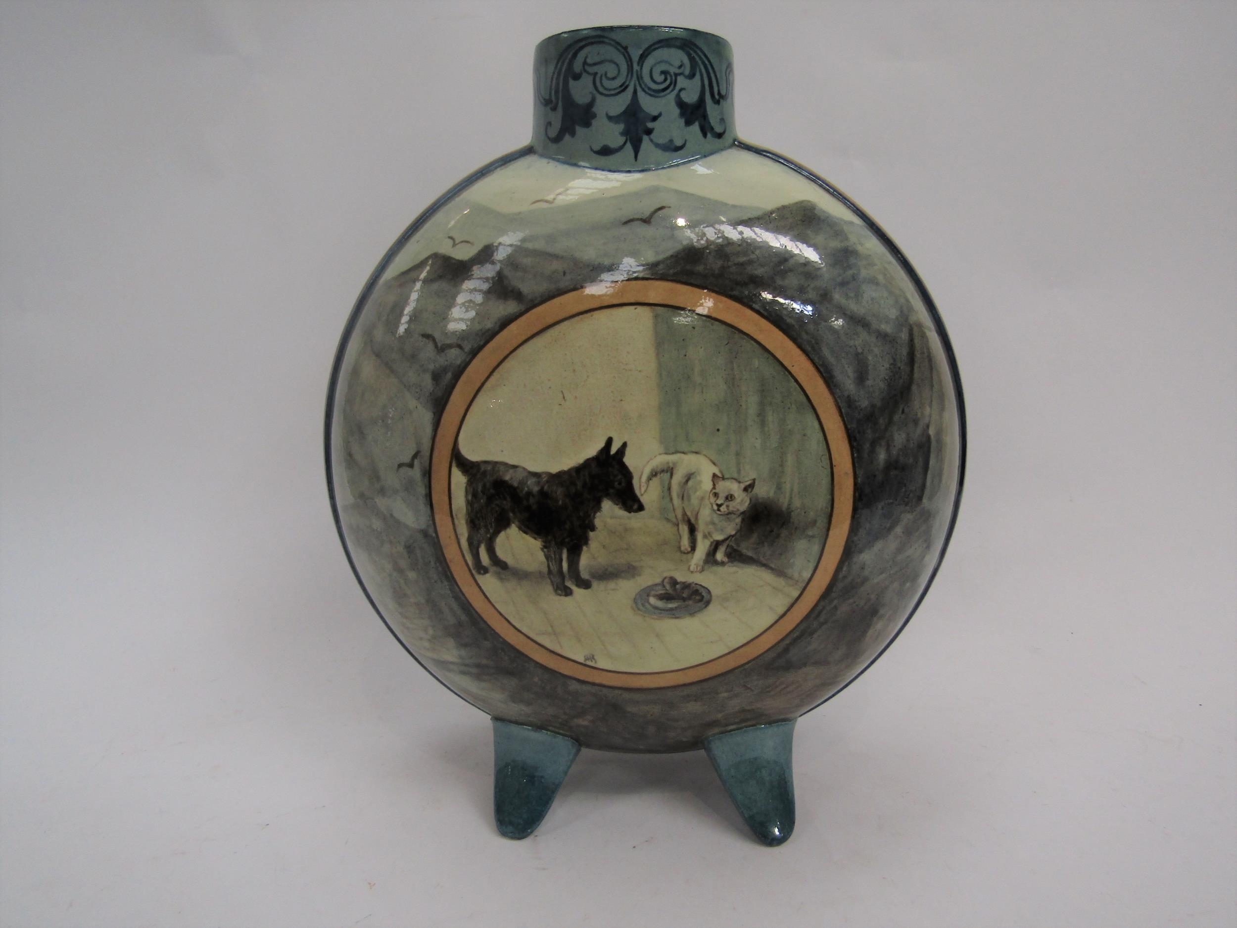 A Doulton Lambeth Hannah Barlow Faience moonflask, decorated with kittens to one side and a cat - Image 4 of 11