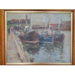 ROWLAND FISHER RA, RMSA, ROI (1885-1969) A framed oil on board, 'Small craft, Hamilton dock,