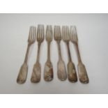 Six silver Hanoverian terminal small table forks, five of which are Victorian, one George IV,
