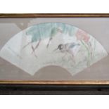 A Japanese watercolour depicting a wading bird, fan form, character marks to left hand side. 24cm