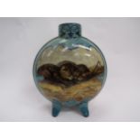 A Doulton Lambeth Hannah Barlow Faience moonflask, decorated with kittens to one side and a cat