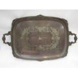 A large Johnson Durban & Co Ltd silver-plate twin handled tray with berry and leaf handle, scallop
