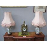 A pair of modern Oriental vase form table lamps with frilled shades, 64cm tall, Collectors