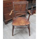 A Mendlesham elm and mahogany stick-back elbow chair on turned legs with an "H" stretcher,