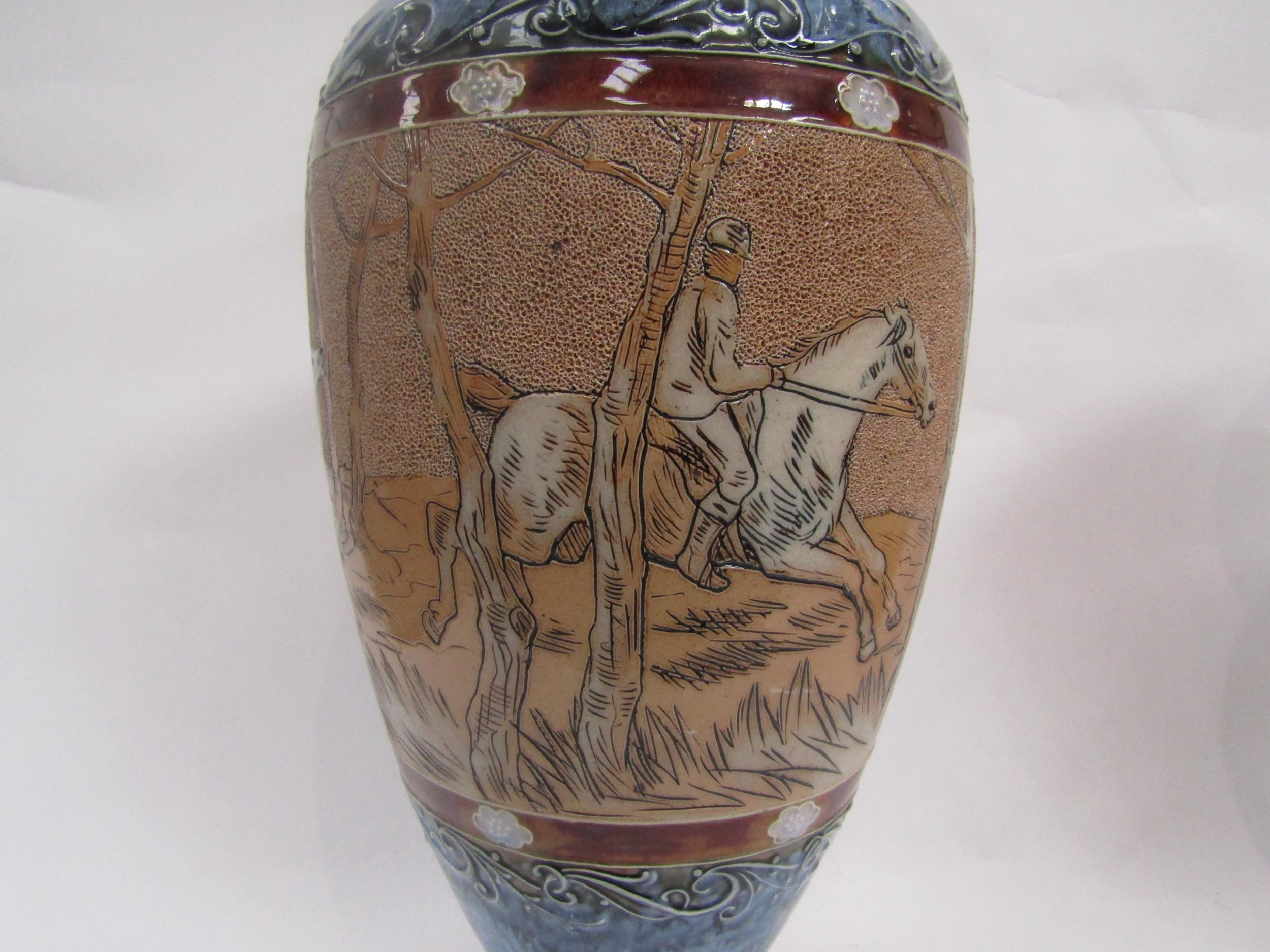 A Royal Doulton Hannah Barlow vase decorated in scraffito with stag hunting scene. Firing crack to - Image 2 of 8