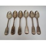 Six William IV Fiddle pattern silver serving spoons, five by John, Henry & Charles Lias, London 1835
