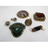 A Victorian banded agate pinchbeck brooch, Tigers eye pendant, two pairs of earrings and two costume