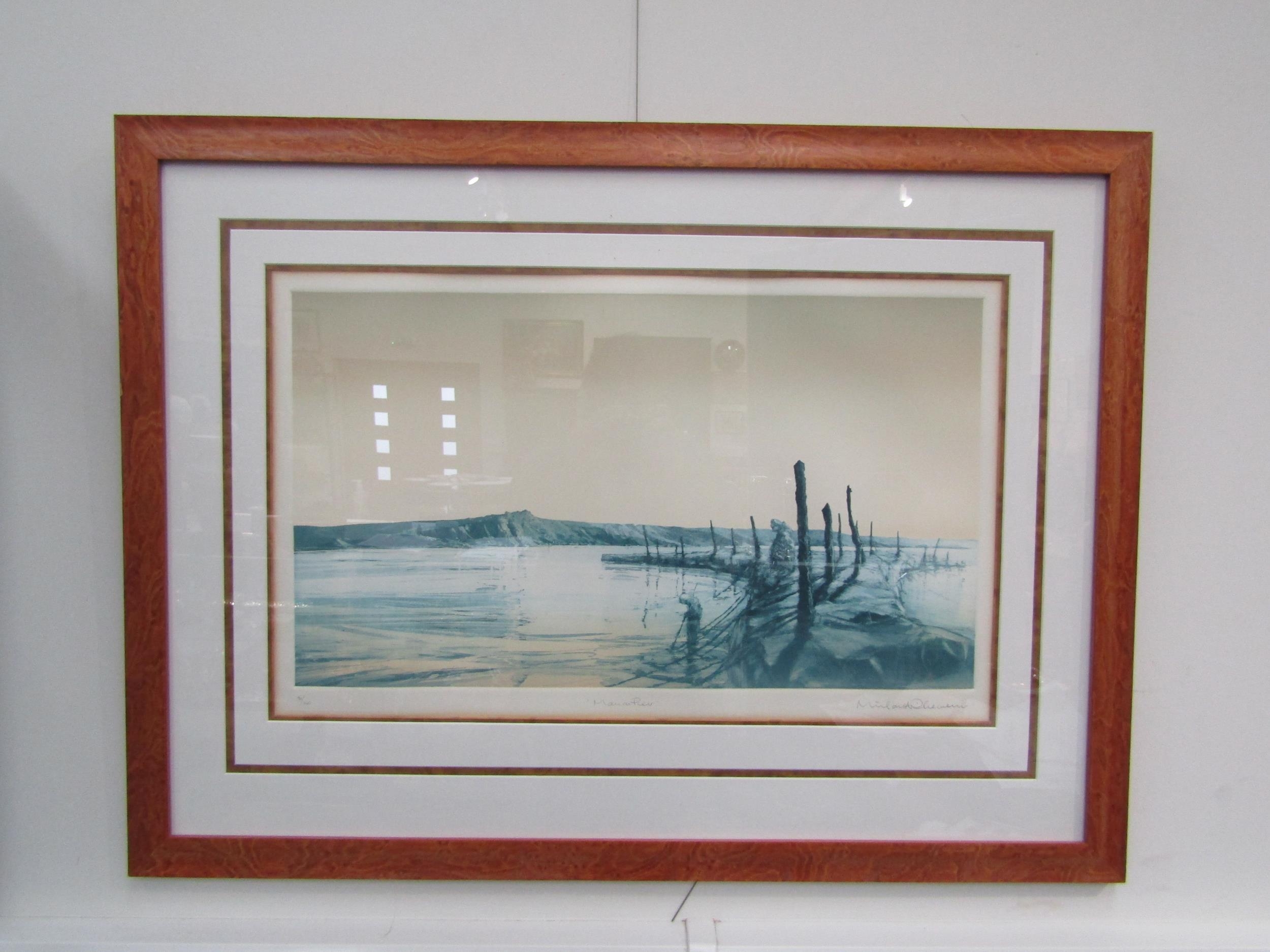 A Michael Richloer limited edition print, ‘Man on Pier’, 90/150, framed and glazed, 38.5cm x 63cm
