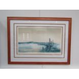 A Michael Richloer limited edition print, ‘Man on Pier’, 90/150, framed and glazed, 38.5cm x 63cm