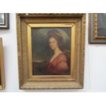 A 19th portrait of lady in ornate gilt frame, areas of damage present 52cm x 42cm