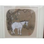 A Japanese Gouache depicting donkey tethered to a tree with red seal mark. 23.5cm x 20cm