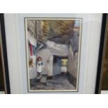 A watercolour of young girl in pinafore on street doorstep, framed and glazed, 22cm x 15cm