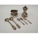 A silver pepper mill, five condiment spoons and a brandy warmer bowl (no handle) (7), 98g (excluding
