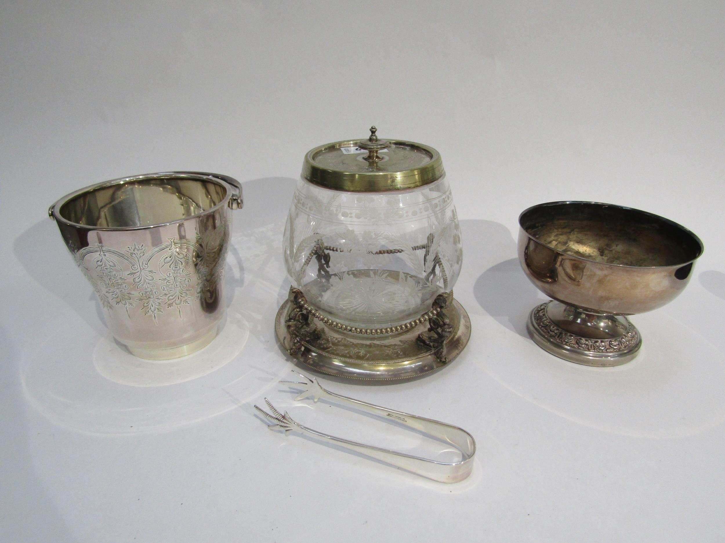 Silverplated ice bucket, biscuit barrel and pedestal bowl (3) - Image 2 of 2