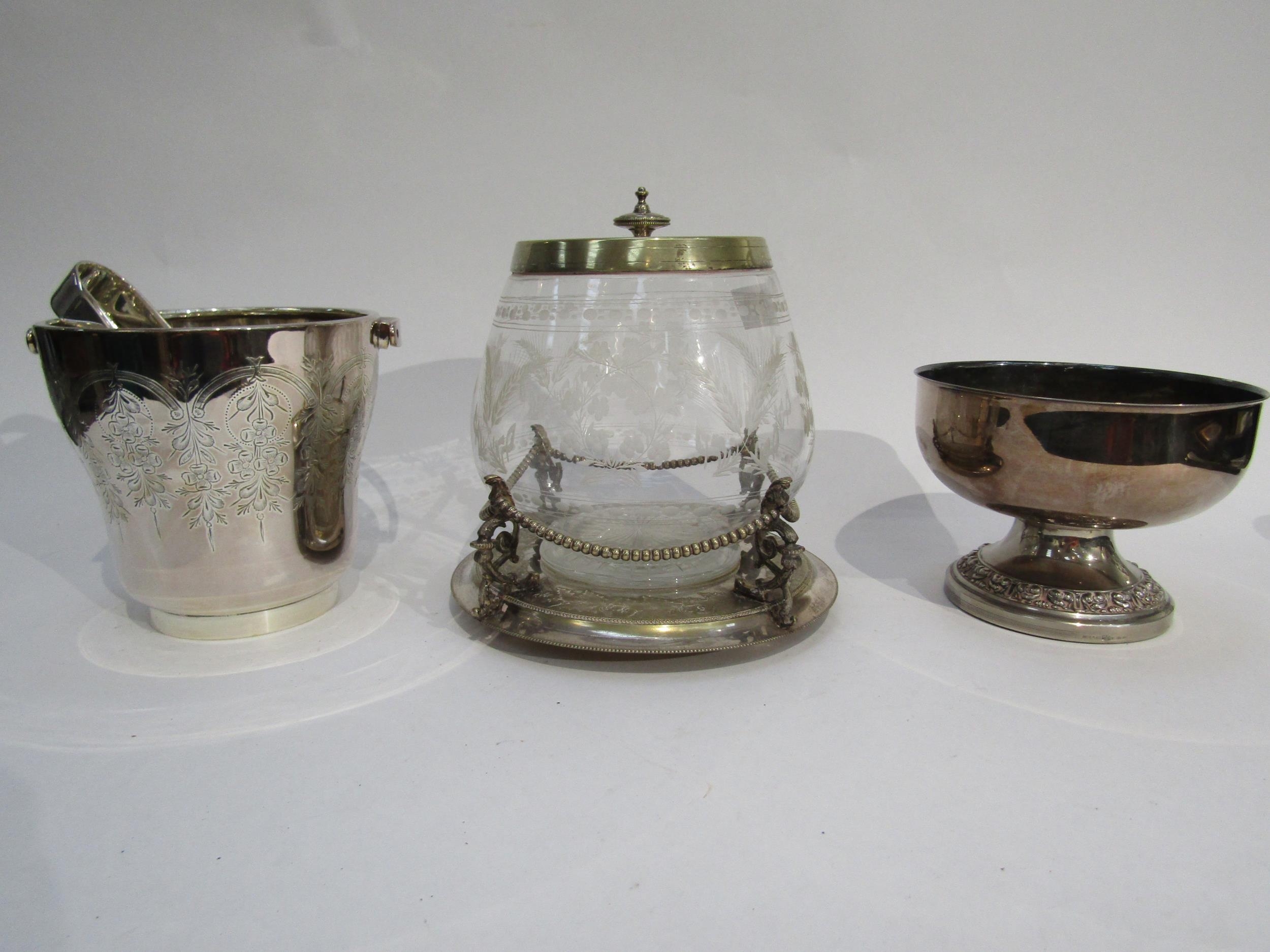 Silverplated ice bucket, biscuit barrel and pedestal bowl (3)