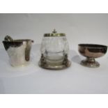 Silverplated ice bucket, biscuit barrel and pedestal bowl (3)