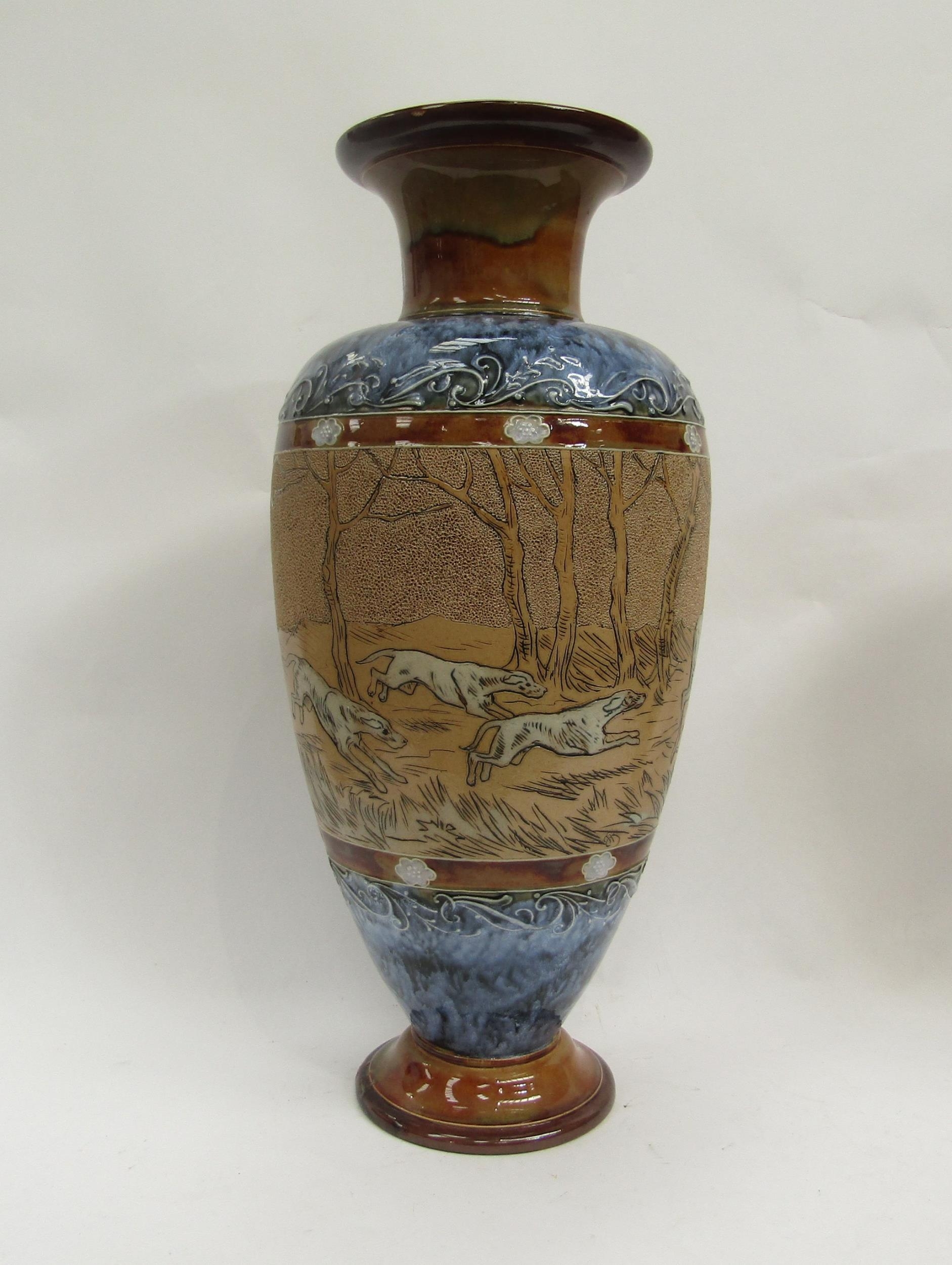 A Royal Doulton Hannah Barlow vase decorated in scraffito with stag hunting scene. Firing crack to - Image 3 of 8