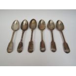 Six Fiddle pattern silver spoons, five Victorian, one William IV, various makers and dates, 290g
