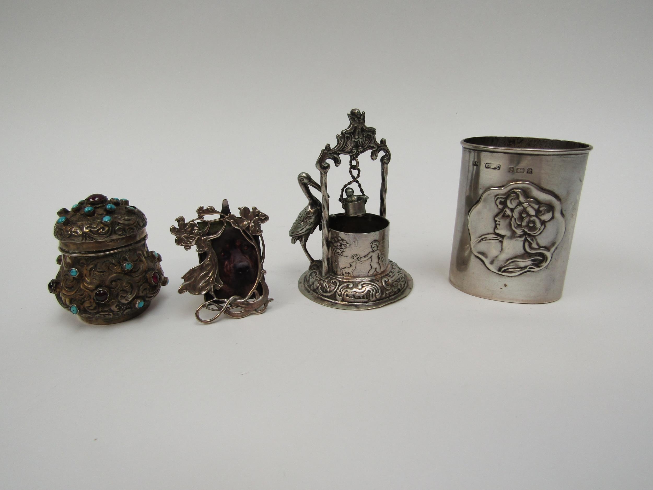 Silver trinkets including Art Nouveau case and miniature photo frame, Continental silver well and