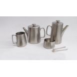 An Avon Old Hall stainless steel teaset designed by Robert Welch and matching coffee pot, tallest