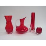 A Whitefriars red cased glass vase, a small ruby red Whitefriars cased glass vase by Geoffrey
