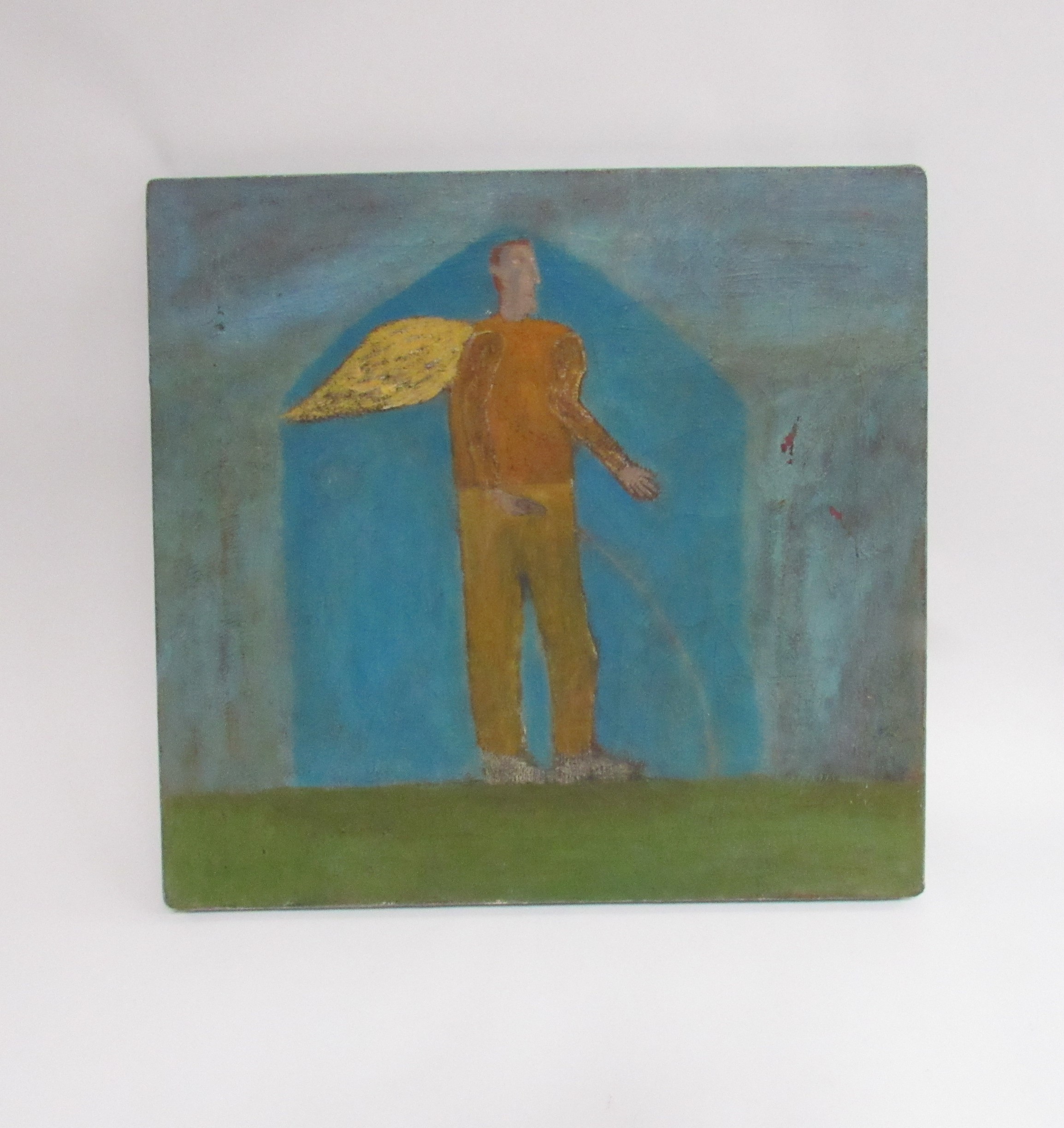 MICHAEL REES (b.1962) An original oil on canvas painting of a winged man, remnants of regional label