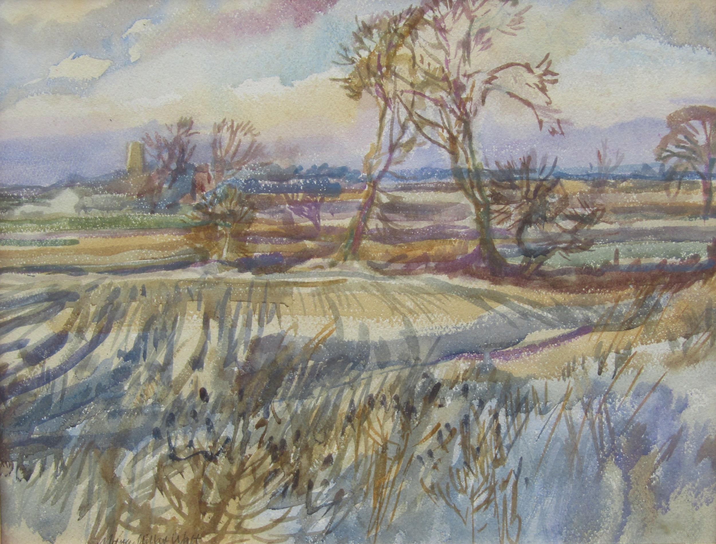 MARY MILLAR-WATT (b.1924, Suffolk artist): A framed and glazed watercolour of a winter landscape, - Image 2 of 5