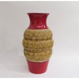 A West German Fat Lava Pottery vase in red with central relief moulded bands of geometric shapes