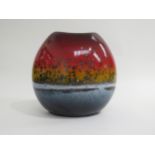 A Poole Pottery 'Sunset' vase of purse form in reds, ochre and blues. Marks to base. 18cm high