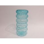 An art glass hand blown tall 'hooped' vase in pale blue. Unmarked. 32.5cm high