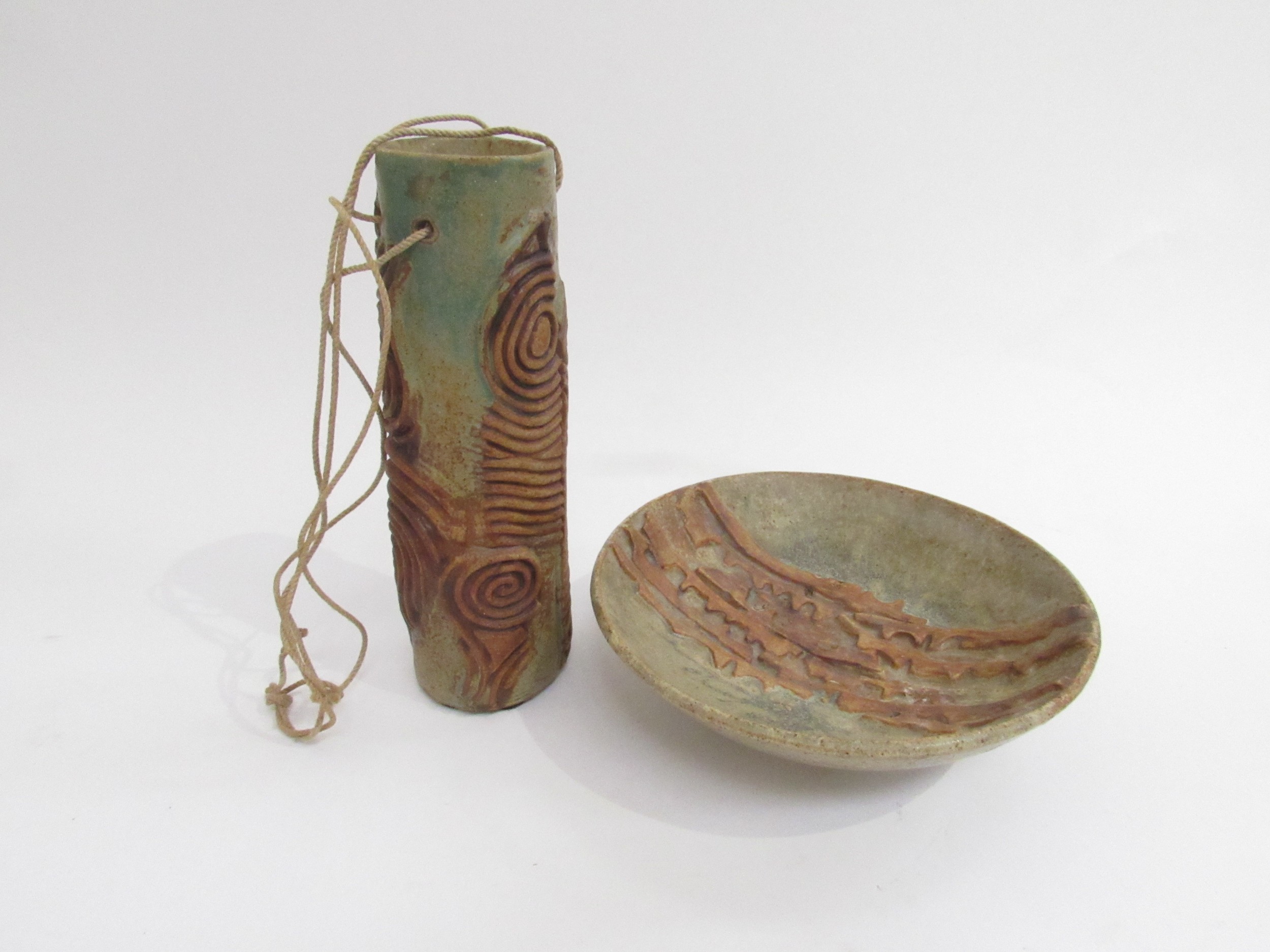 BERNARD ROOKE (b.1938) A studio pottery bowl with Geometric Line detail and hanging slender vase,