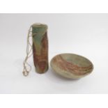 BERNARD ROOKE (b.1938) A studio pottery bowl with Geometric Line detail and hanging slender vase,