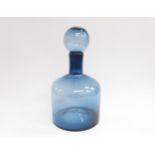 A large modernist blue glass decanter and stopper, possibly by Polspotten Glass. 40cm high