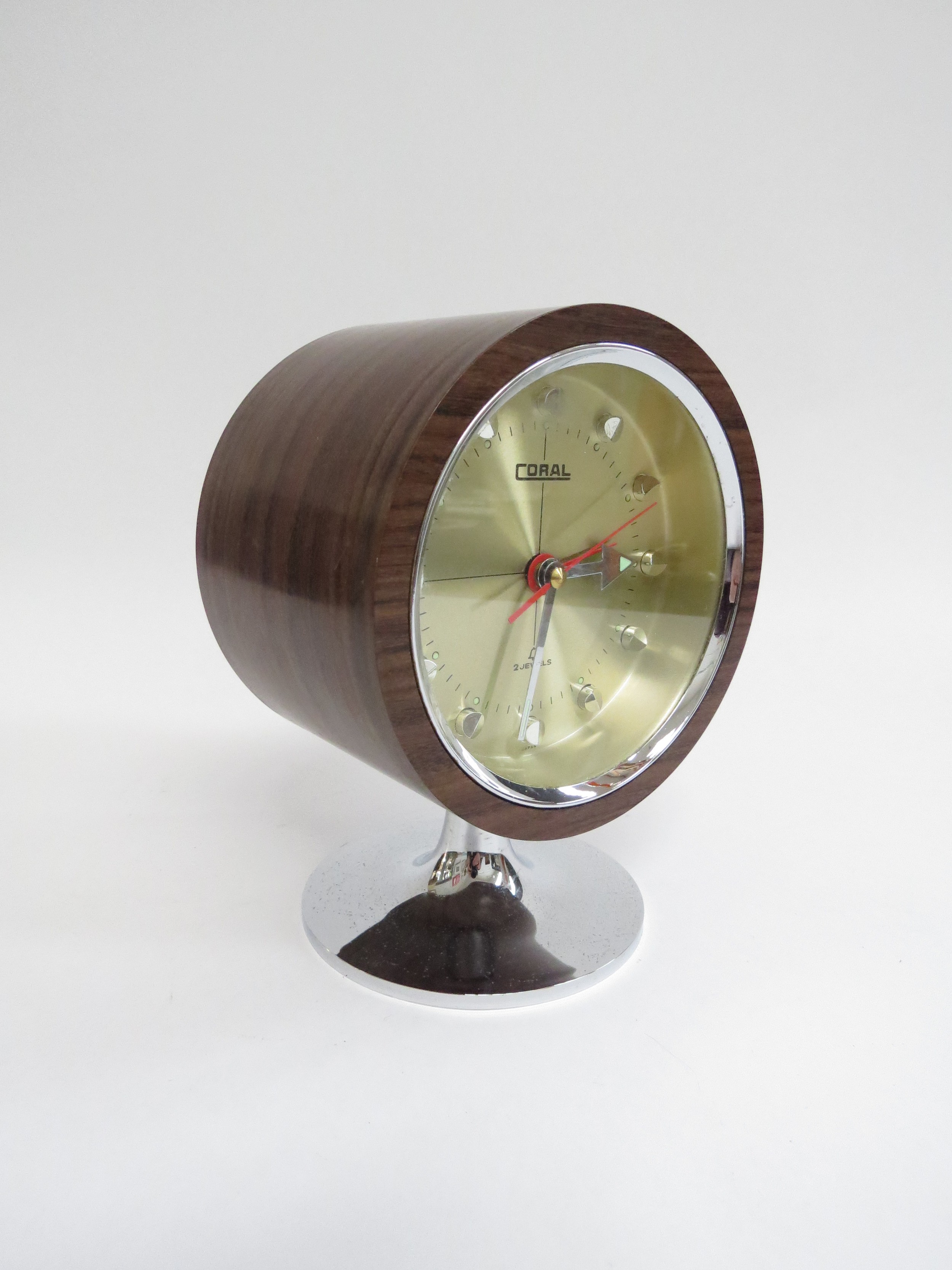 A c1970's Coral pedestal clock, wood finish on a chromed plastic tulip base. 16cm high - Image 2 of 3