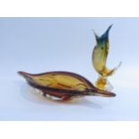 A Murano glass bird form vase in amber, blue and green encased in clear, 27cm high, together with
